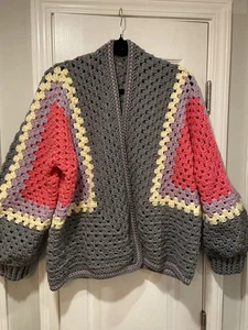 Handmade Crochet Granny Square One Size Cozy Cardigan Boho Chunky Knit Sweater - Picture 1 of 9