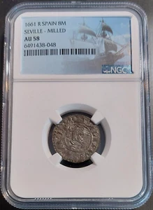✰ 1661 R Colonial SPAIN Seville Milled 8 Maravedis Pirate Coin NGC AU58 TOP POP? - Picture 1 of 4
