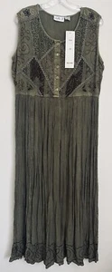 NWT Lola P Green Crinkle Rayon Earth Tone Embroidered Sleeveless Maxi Dress XL - Picture 1 of 7