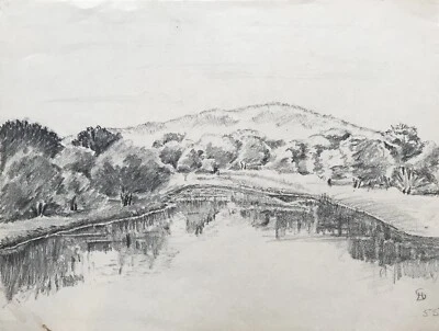 Dessin Au Crayon Vue Sur Un Lac Monogramme CH Daté 1955 27,5 X 20,9 Cm - Photo 1/4
