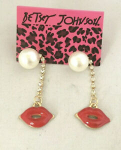 BETSEY JOHNSON Dupe CRYSTAL Faux PEARL RED LIPS STUD EARRING Valentine