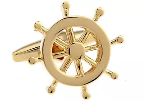 Schiff Rad Paar Manschettenknöpfe Gold Yacht Hochzeit ausgefallen Geschenkbox & Poliertuch - Bild 1 von 3