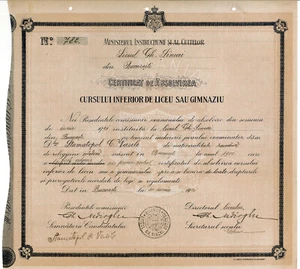 Romania, 1921, Vintage Graduation Certificate/Diploma Gheorghe Sincai Highschool - Picture 1 of 2
