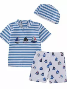 Kid Boys Chic Animals Printed One-Piece Rash Guard with Sun Hat 2pcs Swimsuit Po - Picture 1 of 9