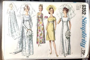 VTG 1965 Simplicity Sew Pattern #6352 Empire A-Line Bride Dress Train 14/34 Cut - Picture 1 of 2
