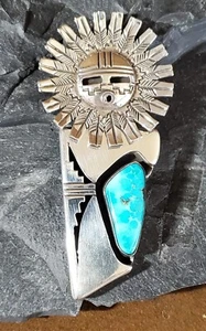 Navajo BENNY RATION Thick Silver Turquoise Sunface Pendent/Brooch - Picture 1 of 17