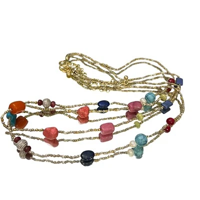 Chico's Beaded Necklace Colored Stones Gold Tone Opera 35” Length Designer BOHO - Image 1 of 4