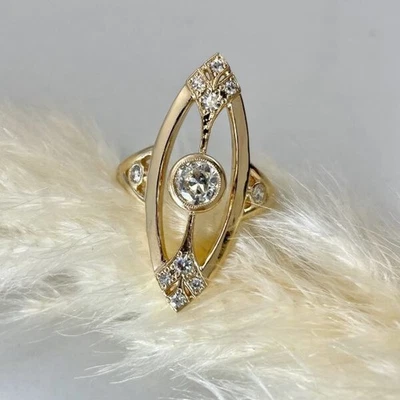 Vintage Style 0.3Ct Round Cut CZ Navette Shape Ring Yellow Gold Over 935 Silver - Image 1 of 3