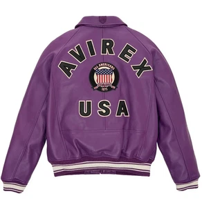 Herren Avirex Lila Leder Bomber American Flight Jacket Lederjacke - Bild 1 von 3