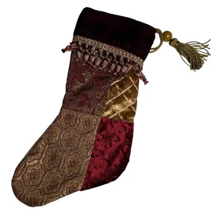 Medias de Navidad de colección terciopelo rojo dorado tapiz borla 20” retazos victorianos - Imagen 1 de 5