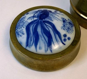 Vintage Heavy Brass Tobacco Jar Blue White Floral Porcelain Lid Trinket Jar Ss - Picture 1 of 13