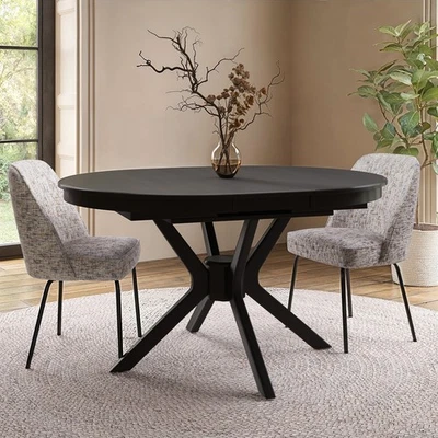 Large Black Wooden Extendable Round to Oval Dining Table - Seats 4 - 6 -  KAE003 - Image 1 of 4