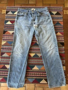Vintage Levis 501 Jeans Men 34x34 Blue Distressed Denim Button Fly Ripped Crotch - Picture 1 of 11