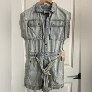 Happy X Nature Kate Hudson Denim Utility Romper Light Wash Tie Waist Button Y2K - Picture 1 of 8