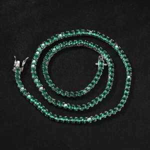 22Ct Round Cut Lab-Created Emerald Men Tennis Necklace 14k White Gold Plated - Picture 1 of 4