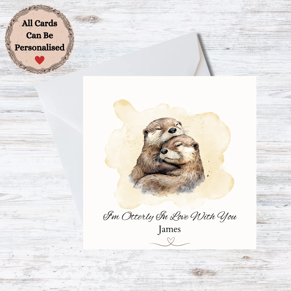 Personalised Love Card - Otters Hugging Customisable Name  - Image 1 of 1