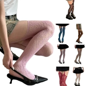 Women Sheer Suspender Tights Flower Patterned Fishnet Garter Stockings Pantyhose - Picture 1 of 16