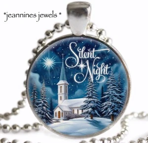 Silent Night Necklace Religious Snowy Church Christmas Gift Silver Charm Pendant - Picture 1 of 13