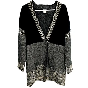 Chicos Cardigan Sweater Black Gold Patchwork Tapestry Knit Size L - Picture 1 of 12