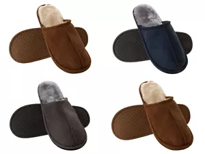 MENS SLIPPERS COSY LUXURY FAUX FUR LINED MEMORY FOAM HARD SOLE WARM MULES SIZE - Picture 1 of 4
