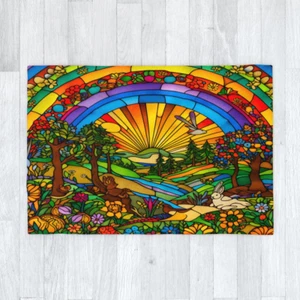 Rainbow Meadow Stained Window Effect Blanket 120cm x 175cm, Happy Nature Flowers - Picture 1 of 6