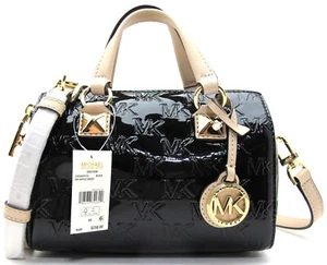NWT MICHAEL KORS GRAYSON Small Shiny Patent Leather Duffle Crossbody Black/Gold - Picture 1 of 9