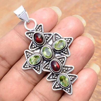 Faceted Peridot & Garnet Gemstone 925 Sterling Silver Cross Faith Based Jewelry - Image 1 of 4