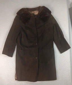 VTG Brodys Womens Dark Brown Leather Suede Mink Collar Coat Vintage Size 12 Sz4? - Picture 1 of 23