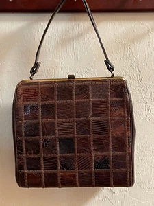 Vintage Alligator Purse, Lizard Skin Brown, Gold Tone Clasp, Handbag Purse Bag - Picture 1 of 19