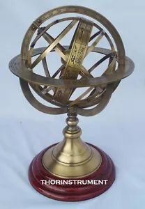10'' Nautical Antique Brass Armillary Sphere Globe Wooden Base Home Decor - Bild 1 von 5