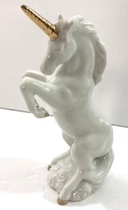 White Prancing Unicorn w/golden horn & hooves porcelain figurine 6.25"H - Picture 1 of 5