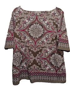 CHARTER CLUB Women's Stretch Nylon 3/4 Sleeve Blouse Boho Print Multicolor Sz L - Picture 1 of 7