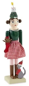 Wooden Christmas Nutcracker, 14", YOUNG WHITE FEMALE/GIRL WITH CATS 607, NP - Picture 1 of 16