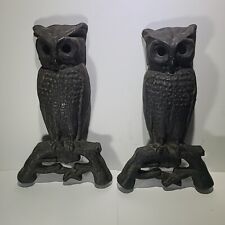 Antique 14" Owl Andirons 407E Black Cast Iron the Glass Eyes are Missing
