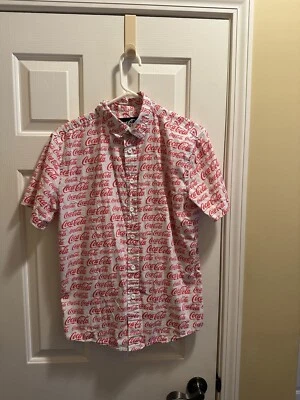 Coca-Cola Button Up Shirt Adult Mens Med White All Over Print Spell Coca Cola - Image 1 of 4