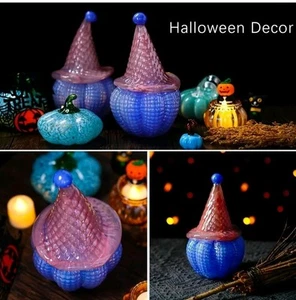 Art Glass Pumpkin With Witch Hat Blue & Pink Art Glass 7" X 4" Gift Hallowee NIB - Picture 1 of 8
