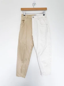 Bershka Cream White Beige Colour Block Mom Jeans High Waist Size 10 - Picture 1 of 8