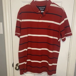 Nautica Golf Shirt Oberteil Polo Kurzarm rot gestreift Herren Medium - Bild 1 von 3