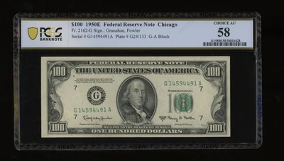 DBR 1950-E $100 FRN Chicago Fr. 2162-G PCGS-B 58 Serial G14594491A - Image 1 of 2