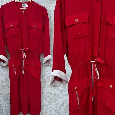 Leslie Fay Vintage Red Midi Dress Gold Crest Preppy Button Coquette Old Money 14 - Image 1 of 4