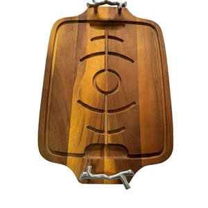 Wood Acacia Carving Serving Board Tray w/ Silver Aluminum Handles Charcuterie - Picture 1 of 15