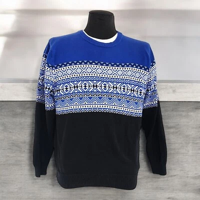John Bartlett Cotton Fair Isle Sweater Mens Size XL Blue Black Icelandic - Image 1 of 4