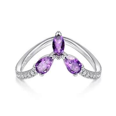 0.80ct Diamante Redondo Natural 14k Amatista Oro Blanco Boda Anillo Aniversario - Imagen 1 de 4