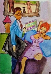 ACEO Original - Waiter & Actress in Hotel - Watercolor 2.5 x 3.5 Signed - Picture 1 of 4