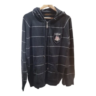 Cárdigan Suéter ED HARDY L Capucha Mezcla Lana Cremallera Tejido Negro Gris LOVE KILLS SLOW Foto 1 de 4