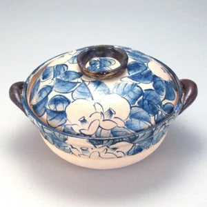 Donabe Japanese Ceramic Hot pot Kutani yaki ware Sometsuke Blue Tubaki 4-5 Japan - Picture 1 of 5