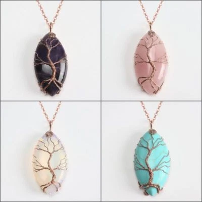 Colar pingente Reiki pedra preciosa natural envoltório de arame folheado a ouro rosa árvore da vida - Imagem 1 de 4