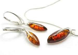 BALTIC AMBER SILVER 925 Jewellery SET EARRINGS & NECKLACE CHAIN Certified - Picture 1 of 10