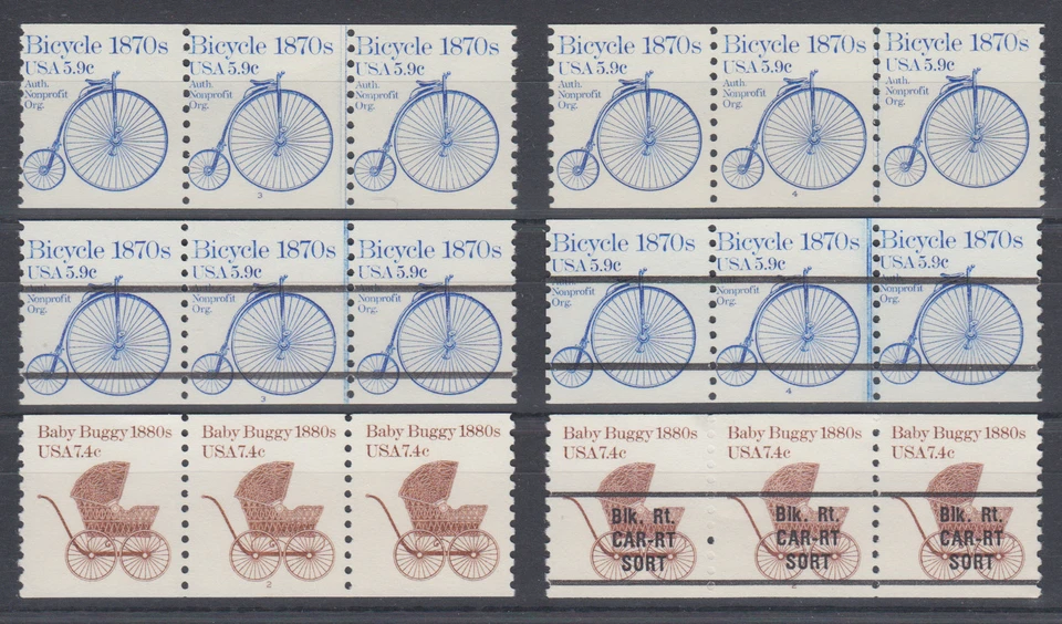 US Sc 1901 /1902a MNH. 1982 Transportation, 6 diff Plate # Coil Strips/3, F-VF - Image 1 of 1