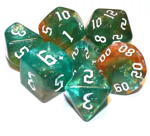 Dados poliédricos brillantes translúcidos de 7 piezas con fuente gótica y bolsa - bronce verde - Imagen 1 de 2